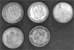 Lot 5 stk. 2 kroner 1894, 1907, 1914 jub, 1916 og 1917