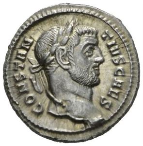 CONSTANTIUS I 305-306, argenteus, Roma som Caesar 295-297 e.Kr. R: De fire tetrarkene foran leirport