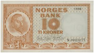 10 kroner 1958. N.0023177.