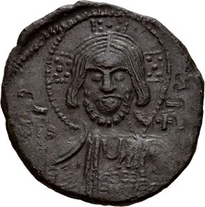 Basil II & Constantin VIII 976-1025, Æ anonymus follis, Constantinople. Byste av Kristus/Tekst i 4 linjer