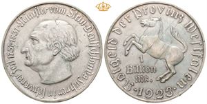 Westphalen, 1 billion mark 1923. Silvered AE (80,85 g). Riper og kantskader/scratches and edge nicks