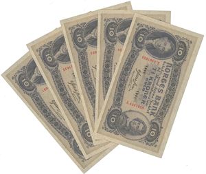 10 kroner 1941. Å.4367621-25. 5 stk. i nummerrekkefølge.