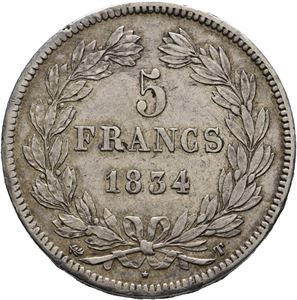 5 francs 1834 T (Nantes). Noen hakk på advers/a few pecks on obverse