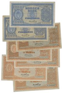 Lot 7 stk. 5 kroner 1947 C, 1948 D, 10 kroner 1945 A (2), 1947 F, 1949 J og 1952 V