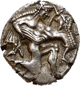 ISLANDS off THRACE, Thasos. 525-463 BC. AR stater (9,74 g). Nude Silenos/satyr in kneeling position right, carrying off a protesting nymph / Quadripartite incuse square. Small area of flat strike on obverse. Attractively toned. A fine specimen of late archaic style.