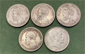 Lot 5 stk. 1 krone 1893, 1894, 1897, 1901 og 1916