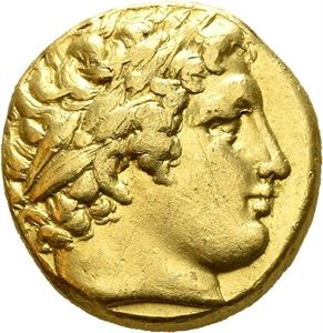 Kings of MACEDON, Philip III - Kassander. 323-316 BC. AV stater (8,54 g). Struck in Abydos circa 323-316 BC. Laureate head of Apollo right / FI?I??OY, Charioteer advancing right, holding kentron in right hand and reins in left; trident and cornucopia below. Several old cleaning scratches.