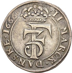 FREDERIK III 1648-1670, CHRISTIANIA, 2 mark 1666. S.104