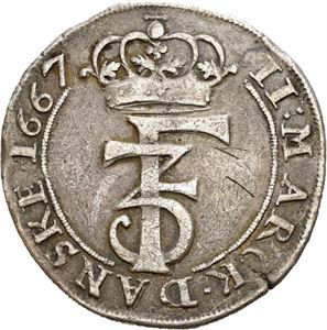 FREDERIK III 1648-1670, CHRISTIANIA, 2 mark 1667. Små riper og kantskader/minor scratches and edge nicks. S.59