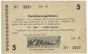 5 kroner 1940 General William Steffens, Voss.  A 3327.  SS.  2 små rifter.