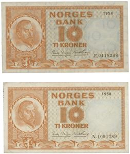 10 kroner lot 2 stk, 1954 E 0418248 samt 1958 N 1091789.