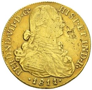 Ferdinand VII, 8 secudos 1811 NR. Blankettfeil/planchet flaws
