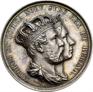 Carl XV. Universitetets minnemedalje til kroningen i 1860. Schnitzpahn. Sølv. 41 mm