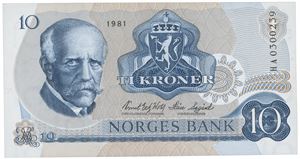 10 kroner 1981. HA0300239. Erstatningsseddel/replacement note