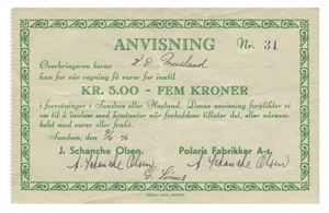 Polaris Fabrikker a/s, 5 kroner 9/5-1940. Nr.31