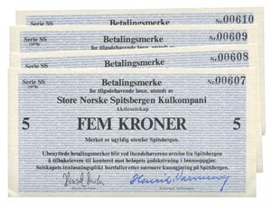 Lot 4 stk. 5 kroner 1978. Serie SS. Nr.00607, 00608, 00609 og 00610