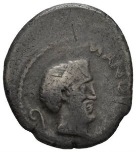 MARCUS ANTONIUS & JULIUS CAESAR, denarius, Gallia Cisalpina nov. 43 f.Kr. Hode av Marcus Antonius mot høyre/Hode av Julius Caesar mot høyre