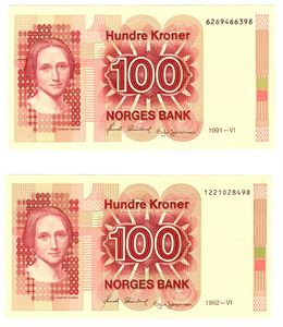 Lot 2 stk. 100 kroner 1991 og 1992