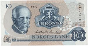 10 kroner 1979. HP0253486. Erstatningsseddel/replacement note