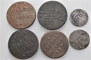 Lot 6 stk. 2 skilling 1782, 1 skilling 1771 (2), 4 skilling 1809 (sølv), 2 skilling 1810 og 1 skilling 1809