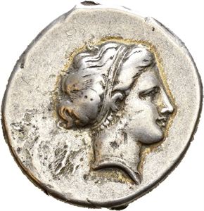 CAMPANIA, Neapolis. Circa 320-275 BC. AR didrachm (7,25 g). Head of Parthenope to right, wearing diadem, earring and necklace. Small Artemis behind head / Man-headed bull walking right; Nike flying right, above, crowning bull's head. Well centered for type. Lightly toned with some iridescence.