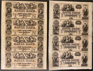Louisiana, New Orleans. Lott 2 stk. udelte ark med 4 stk. 10 dollar og 4 stk. 20 dollar ND (1850-tallet) fra "Canal Bank". Blanketter/remainders