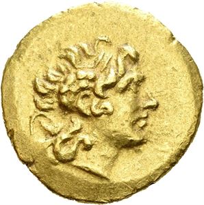 KINGS of PONTOS, Mithradates VI Eupator (circa 120-63 BC). AV stater (8,25 g). Issued under the First Mithradatic War. In the name and types of Lysimachos of Thrace. Struck in Tomis circa 88-86 BC. Diademed head of Alexander the Great to right, wearing horn of Ammon / ??S???OS ?YS?????Y, Athena enthroned to left, holding Nike and resting arm on shield. TO on throne, ?Y to inner left; trident in exergue. Struck with the usual worn obverse die. Very minor earthen deposits. Rare with ?Y (?V) control mark.