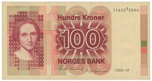 100 kroner 1988. 1165285004. Forskjøvet siffer/stuck digit error