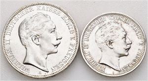 Preussen. Wilhelm II, lot 2 stk. 3 mark 1912 A og 2 mark 1904 A