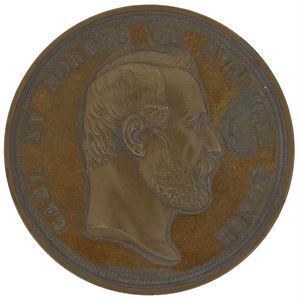 Carl XV, Internasjonal fiskeriutstilling i Bergen 1865. Dubois. Bronse. 81 mm. Flekk på advers/spot on obverse