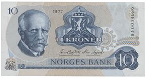 10 kroner 1977. HÆ0034086. Erstatningsseddel/replacement note