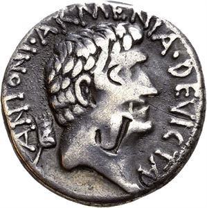 MARCUS ANTONIUS & CLEOPATRA, denarius, Alexandria 34 f.Kr. Hode av Marcus Antonius mot høyre/Hode av Cleopatra mot høyre. Små testmerker/minor test marks