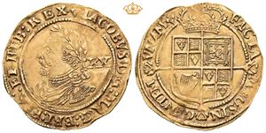 Laurel u.år/n.d. (9,10 g). Tower mint, preget 1619-1625. Lett bøyd/slightly creased