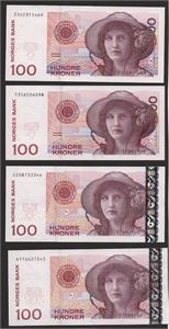 Lot 4 stk. 100 kroner 1995, 1999, 2003 og 2004