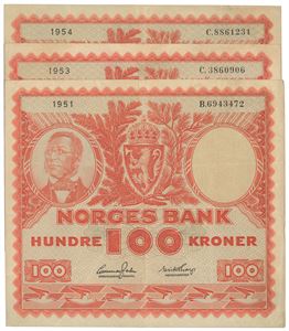 Lott 3 stk. 100 kroner 1951 B, 1953 C og 1954 C