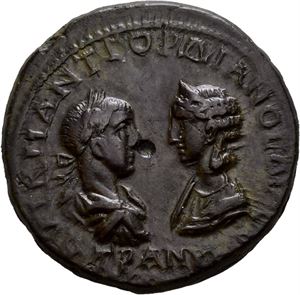 Roman provincial MOESIA INFERIOR, Marcianopolis. Gordian III with Tranquillina. AD 238-244. Æ Pentassarion (26 mm, 12.52 g). Tertullianus, legatus consularis. Struck AD 241-244. Laureate, draped, and cuirassed bust of Gordian and draped bust of Tranquillina, wearing stephane, facing one another / Nemesis standing left, holding rod and ribbon; wheel to left; E (mark of value) in left field. Dark brown-green patina. Very gently smoothed in fields. Wonderful state of preservation. Rare variant.
