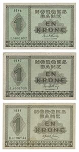 Lot 3 stk. 1 krone 1948 K og M samt 1949 M