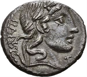 C. Vibius C. F. Pansa 90 f.Kr., denarius. Hode av Apollo mot høyre/Minerva i quadriga mot høyre