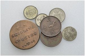 Lot 7 stk. 3 skilling 1872 m/r, 2 skilling 1827, 1843, 1870, 1 skilling 1769 og 1/2 skilling 1841 m/s, 1863.