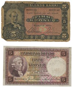 5 kronur lot 2 stk.  1904 099140, tapet, samt 1934 B 0225631.  Kv 2 og 1-.