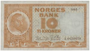 10 kroner 1965. Z.0650058. Erstatningsseddel/replacement note.