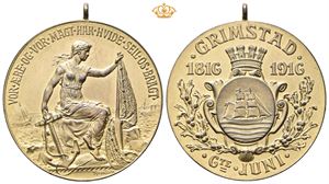 Grimstad 100 år 1916. Forgylt bronse. 35 mm med hempe