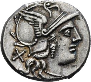 P. Aelius Paetus 138 f.Kr., denarius. Hode av Roma mot høyre/Dioscurene mot høyre
