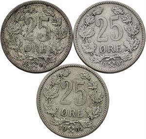 Norge, lot 3 stk. 25 øre 1901, 1902 og 1904