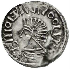 Skandinavisk imitasjon av Aethelred II, long cross penny med forvirret innskrift, preget i Lund (1,20 g)