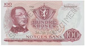 100 kroner 1963 X 0000000.  SPECIMEN.  R.