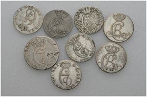 Lot 8 stk. 4 skilling 1788, 2 skilling 1780, 1782, 1785, 1787, 1802, 1803 og 1807