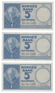 Lot 3 stk. 5 kroner 1961. I7057811-13. I nummerrekkefølge. Bindersmerke/trace of paperfastener