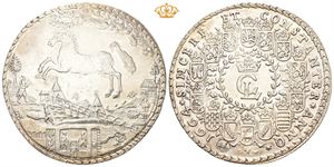 Löser/1 1/2 taler 1664. (42,57 g). Clausthal. Verdimerke "1 1/2" stemplet inn på revers / countermark with value "1 1/2" on the reverse. Renset/cleaned