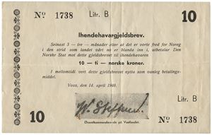 General Steffens, 10 kroner, Voss 14.april 1940. No.1738B